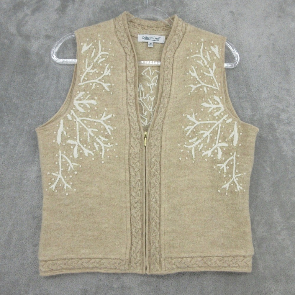 Coldwater Creek Vest Womens Size M Snowflake Holiday Quiet Luxury Beige Zip